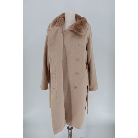 Max Mara Studio Women Size 6 Wool Tan  Fur Collar Lined Angora Trench Coat - Picture 7 of 11